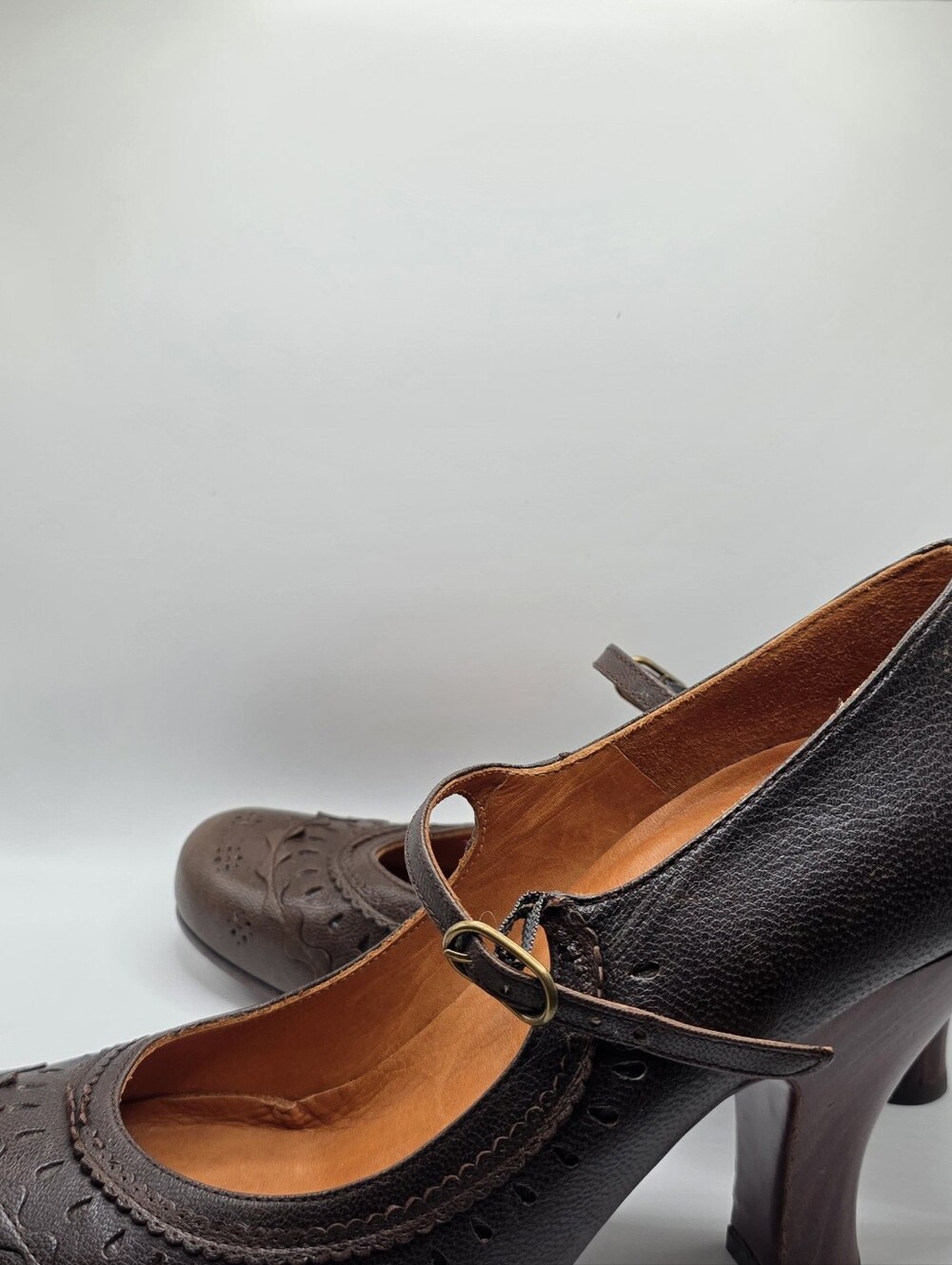 Women's Brown Leather Mary Jane Heels with Ankle Strap